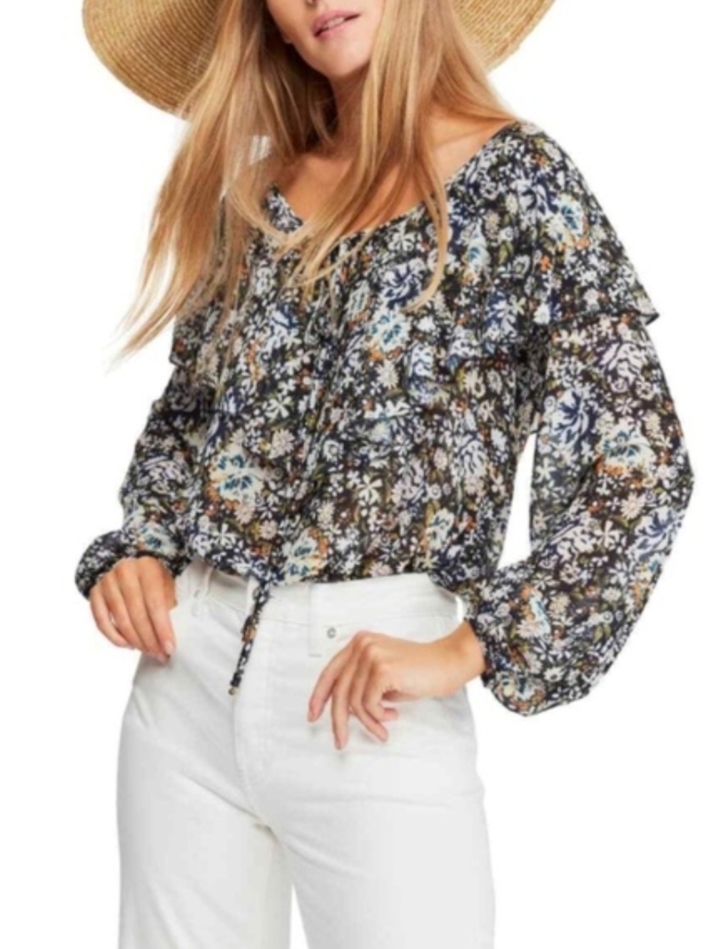 Free People Intimately "Say It to Me" Bodysuit Blouse, Boho Floral Ruffle XS